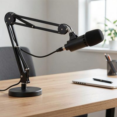 a microphone arm mounted to a desk
