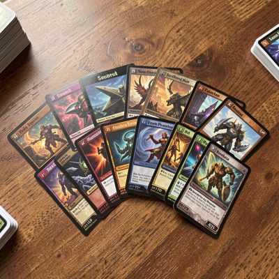 a set of trading cards fanned on a table