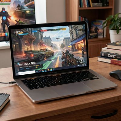 a laptop on a desk running a game