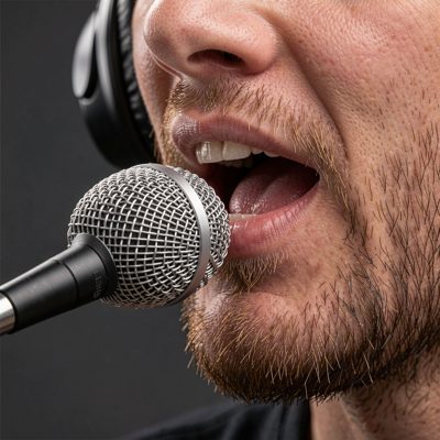 a headset microphone close to a mouth