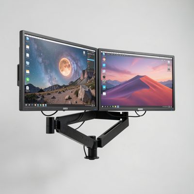 a monitor arm holding two screens