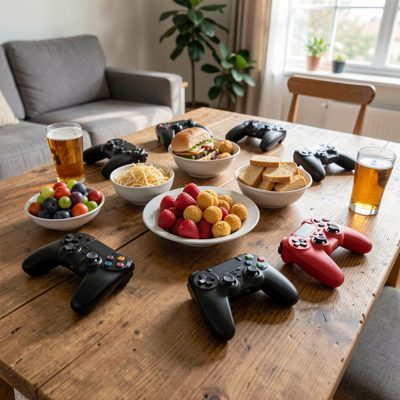a games night table with snacks and controllers