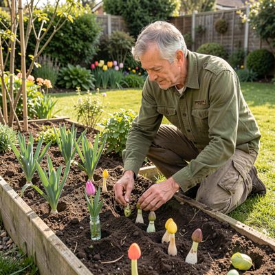 a gardener planting bulbs in a border