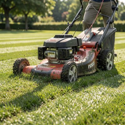 a lawn mower cutting stripes into grass