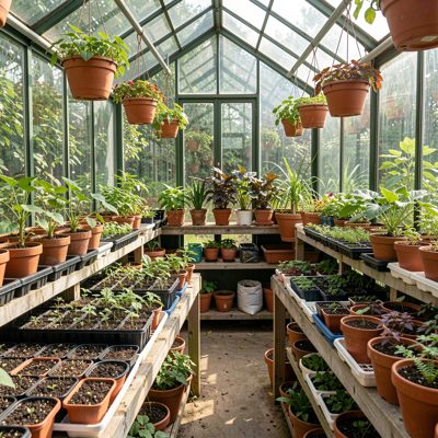a greenhouse with pots and seed trays