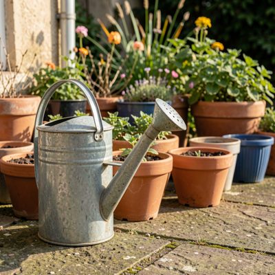 a watering can beside a row of pots