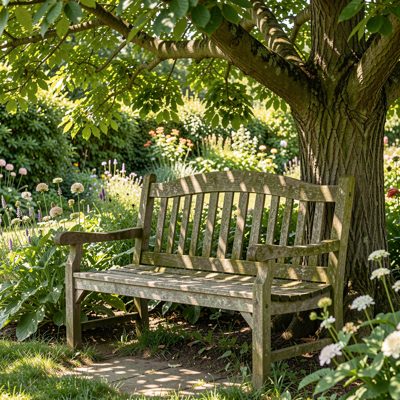 a garden bench under a tree in dappled shade