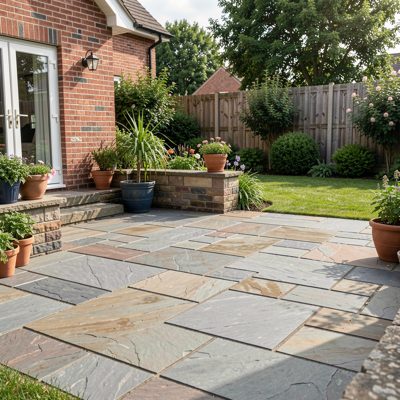 a patio being laid with stone slabs