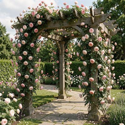 a pergola with climbing roses