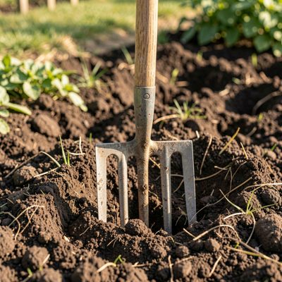 a garden fork stuck into turned soil