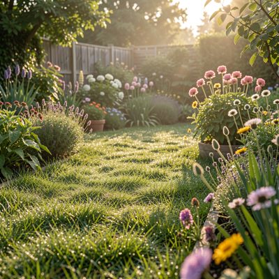 a garden in early morning with dew on grass