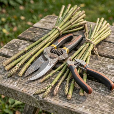 a set of secateurs and cut stems on a bench