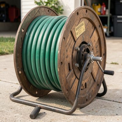 a hosepipe coiled on a reel