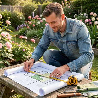 a garden designer with a plan and a tape measure