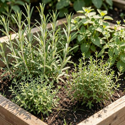 a herb bed with rosemary and thyme