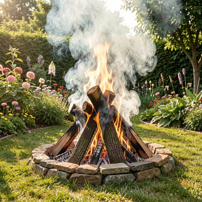 a garden bonfire with smoke rising