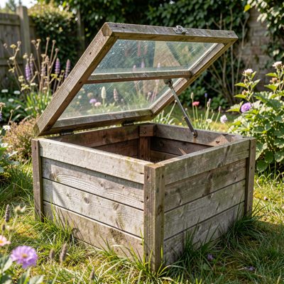 a cold frame with the lid propped open