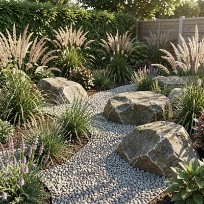 a gravel garden with grasses and boulders