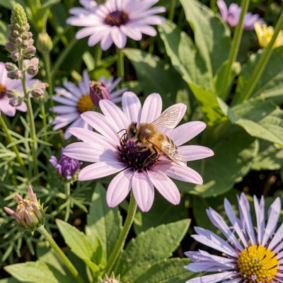 a bee on a flower in a garden border