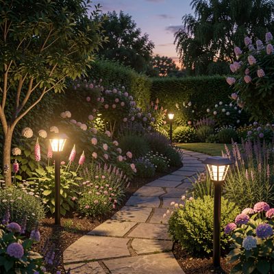 a garden lit with solar lamps at dusk