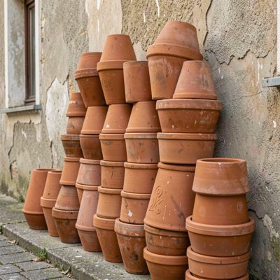 a stack of terracotta pots by a wall