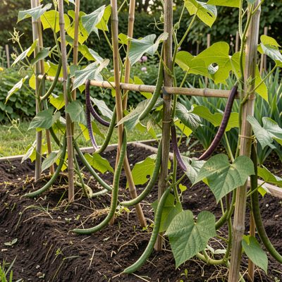 a vegetable plot with runner bean canes