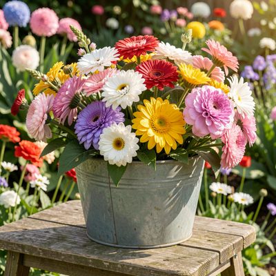 a trug of cut flowers from the garden