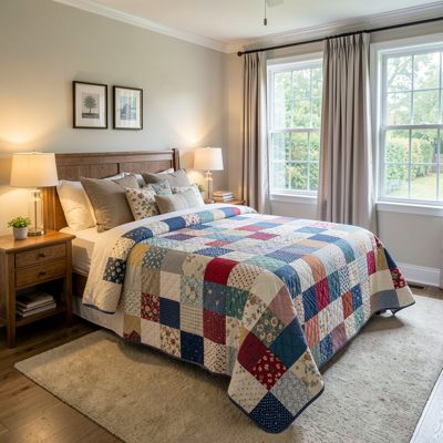 a guest bedroom with a patchwork quilt
