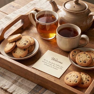 a welcome tray with tea, biscuits and a note