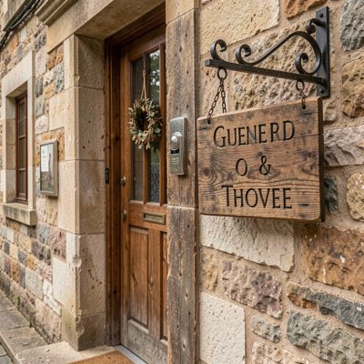a guesthouse front door with a hanging sign