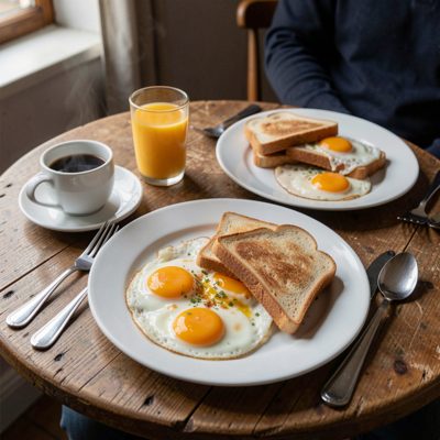 eggs and toast served at a small breakfast table