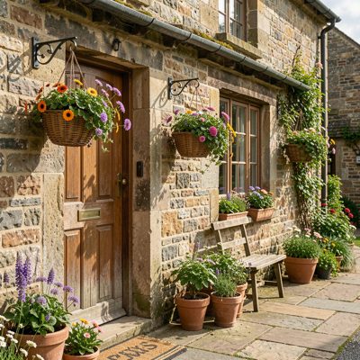a country inn with hanging baskets by the door