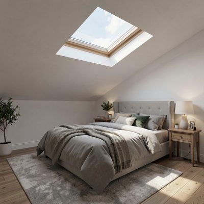 a guest room with a sloped ceiling and skylight