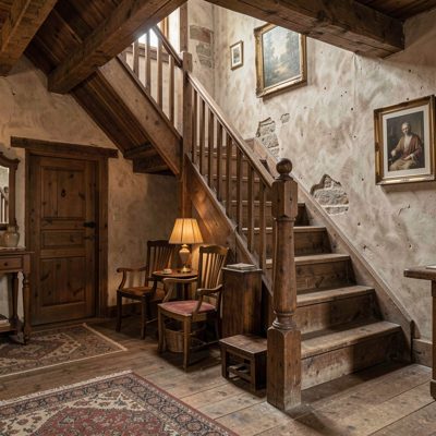 a wooden staircase in an old guesthouse