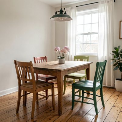 a small dining room with mismatched chairs