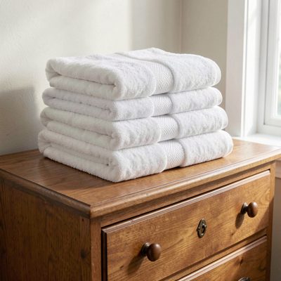 a stack of clean towels on a chest of drawers