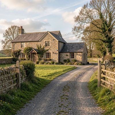 a rural guesthouse at the end of a gravel drive
