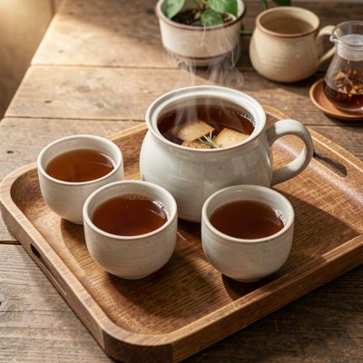 a pot of tea on a tray with two cups