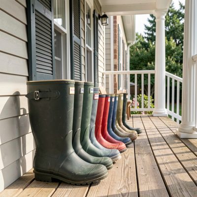 a porch with wellington boots lined up