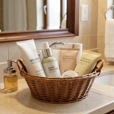 a basket of toiletries in a guest bathroom