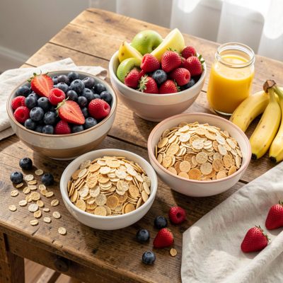 a table laid with cereals and fresh fruit