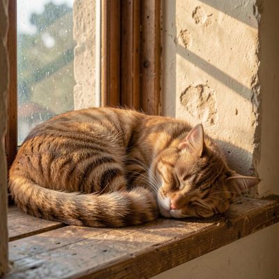 a guesthouse cat asleep on a windowsill