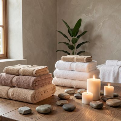 a calm spa room with towels, stones and candles