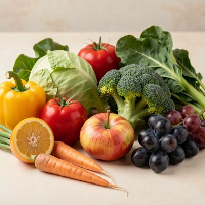 fresh vegetables and fruit arranged on a light surface