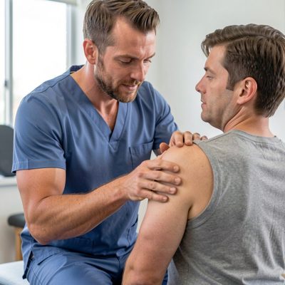 a physiotherapist working on a patient's shoulder