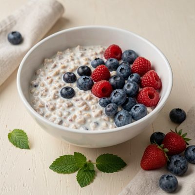 a bowl of overnight oats with berries on a pale table