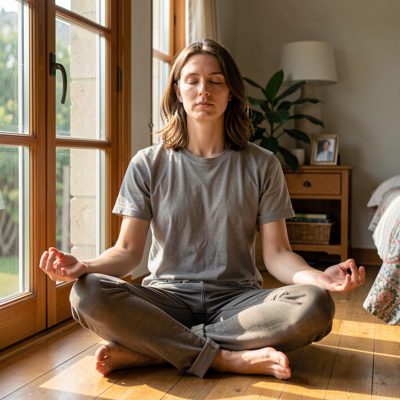 a person meditating cross legged by a window