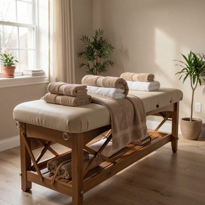 a massage table with folded towels in a quiet room
