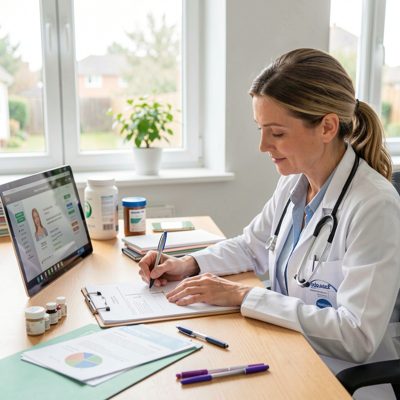 a nutritionist writing a plan at a bright desk