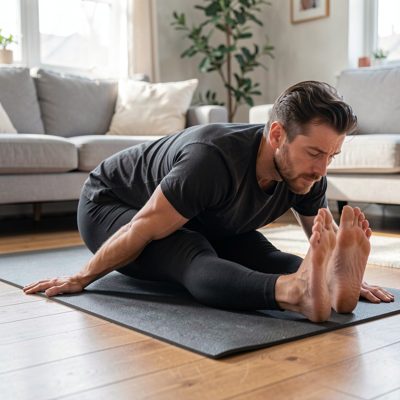a person stretching on a mat at home